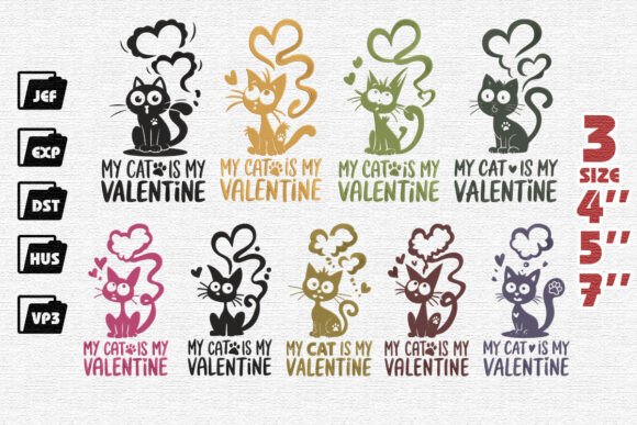 Set of 9 Cat Valentine Embroidery